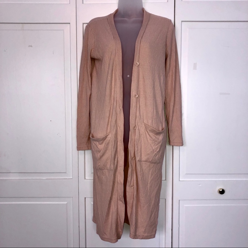 Dusty Pink Long Cardigan Sweater Duster Ribbed - Picture 10 of 10